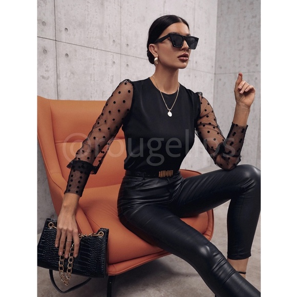 Black Sheer Mesh Detail Polka Dot Shirt Long Sleeve Top - Picture 6 of 7